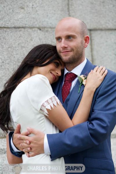bride and groom embracing, liverpool wedding photographer